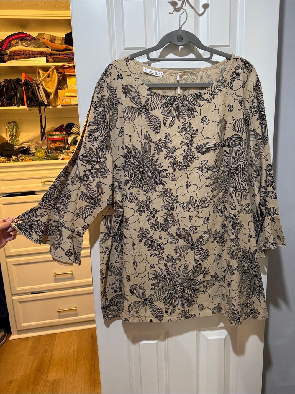 bryn Walker Beige Tunic with Black Floral Print and Bell Sleeves